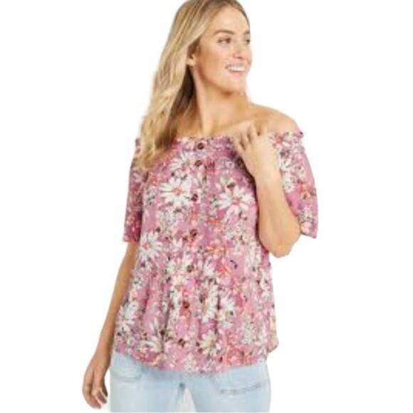 EC MAURICES PINK FLORAL OFF THE SHOULDER BUTTON FRONT BLOUSE SZ. XL - Picture 1 of 5